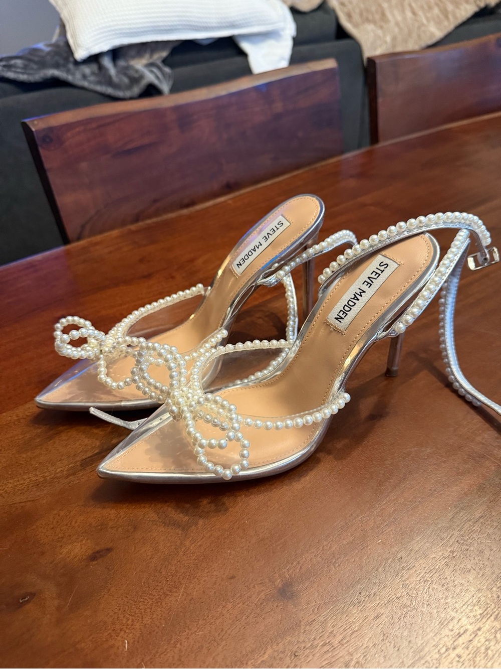 Steve Madden Silver Pearl-Embellished Heeled Sandals - Picture 3 of 4